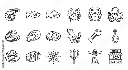 Collection of Sea Creatures and Marine Life Symbols in Line Art Style