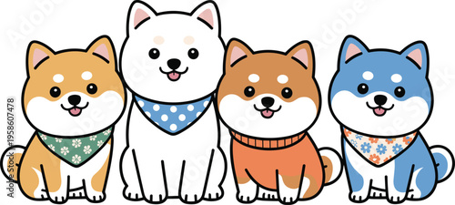 Playful Shiba Inu dog set with colorful bandanas and friendly expressions for kids vector illustrations