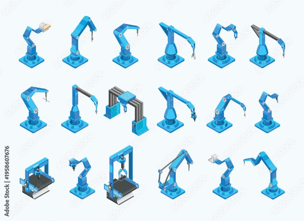 Obraz premium Blue isometric conveyor machines with robotic manipulators. Factory automation concept. Vector illustration