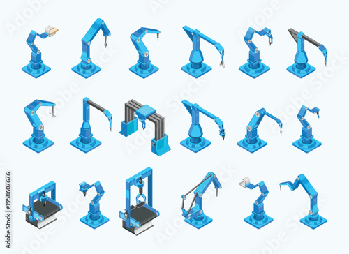 Blue isometric conveyor machines with robotic manipulators. Factory automation concept. Vector illustration