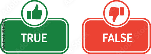 Like and Dislike True False Icon, solid style vector illustration showing thumbs up and thumbs down symbols, green and red buttons, user feedback, voting, and decision-making interface concept.