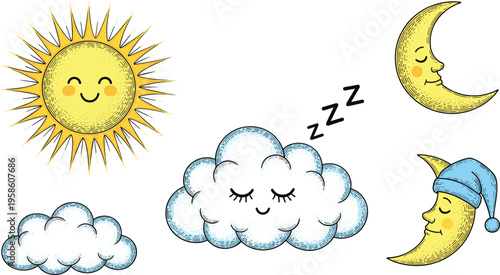 Kawaii Night Sky Weather Vector Set Featuring Winking Crescent Moon Sleepy Full Moon and Twinkling Stars with Vintage Hand Etched Texture for Nursery Graphic Designs