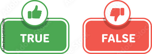 Like and Dislike True False Icon, solid style vector illustration showing thumbs up and thumbs down symbols, green and red buttons, user feedback, voting, and decision-making interface concept.