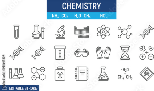 Professional chemistry icon set with editable stroke featuring lab equipment molecular structures periodic table and safety gear for science education and research