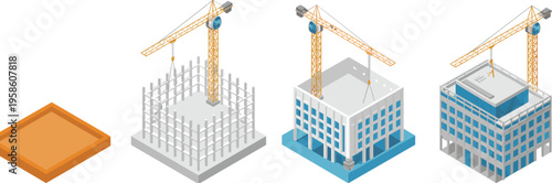 Isometric construction stages illustration, foundation slab, reinforced frame, crane lifting, and completed multi story building, modern engineering and development vector concept