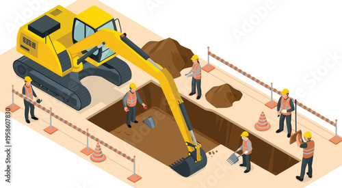 Isometric excavation construction illustration, excavator digging trench, workers operating tools, safety barriers, and roadwork site preparation vector concept