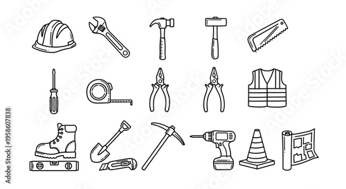 Collection of Construction Tools and Safety Equipment for Building Projects
