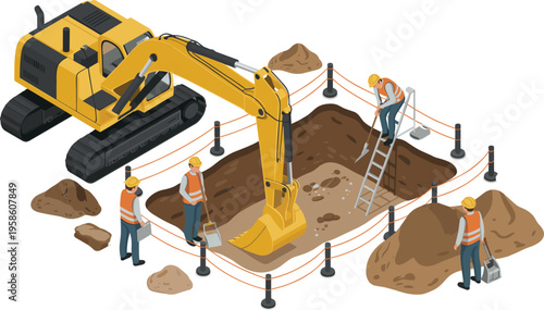 Isometric excavation construction illustration, excavator digging trench, workers performing manual labor, safety barriers, and site preparation in infrastructure development vector concept