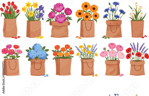 Market Fresh Floral Bouquet Vector Set in Brown Paper Bags Featuring Tulips Sunflowers Lavender and Poppies for Rustic Spring Wedding and Eco Friendly Branding Designs