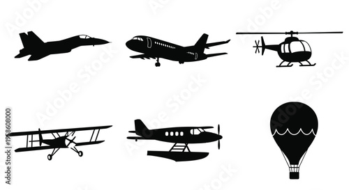 Silhouettes of various aircraft fighter jet airliner helicopter biplane and balloon