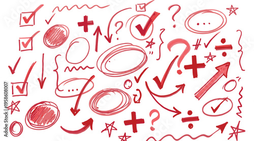 Red hand drawn marker set with check marks circles arrows and mathematical symbols for creative school grading and office correction feedback
