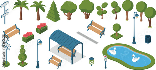 Isometric park elements illustration, benches, trees, street lamps, pond with swans, signage, and urban garden furniture vector set for landscape design