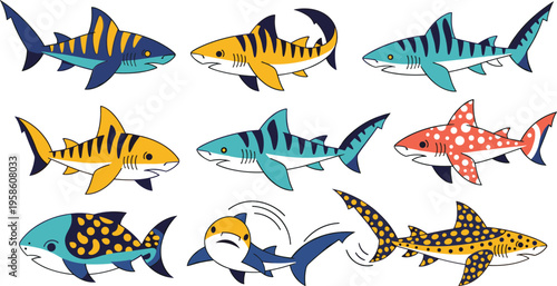Colorful shark collection with different species in dynamic poses, cute cartoon ocean predators in flat vector illustration set