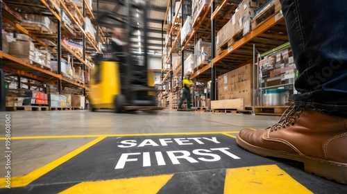 Safety first marking on warehouse floor with worker boots and forklifts, industrial workplace safety concept, logistics and storage environment with focus on accident prevention