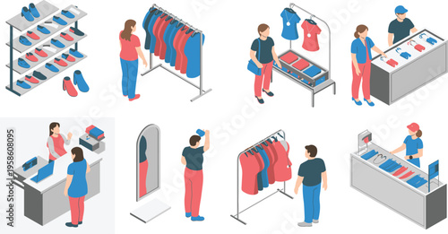 Isometric retail store illustration, clothing and shoe shop interior, customers shopping, cashier counter, fitting mirror, and fashion display racks vector set