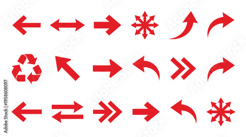 Red bold arrow icon set featuring diverse directional pointers recycling symbols and multi directional starbursts for navigation and interface design
