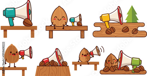 Cute almonds characters cracking nuts with hammers on wooden tables, funny food mascots in playful cartoon flat vector illustration set