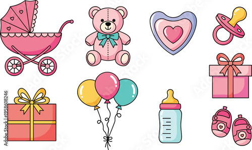 Cute baby shower elements collection with stroller, teddy bear, balloons, bottle, and gifts in adorable cartoon flat vector illustration set