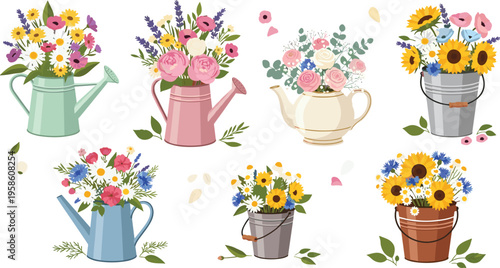 Pastel Rustic Floral Arrangement Vector Set Featuring Watering Cans Teapots and Metal Buckets with Sunflowers Roses and Lavender for Cottagecore Wedding and Spring Garden Designs