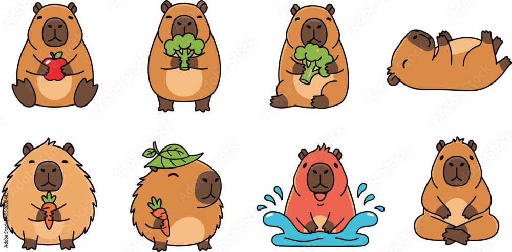 Fototapeta premium Cute capybara characters eating vegetables and relaxing in playful poses, adorable cartoon animals in flat vector illustration set