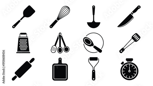 Kitchen utensils and tools vector icons set for cooking and baking