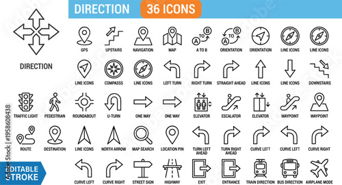Thirty six directional line icon set with editable strokes featuring map navigation GPS pins traffic symbols and compass pointers