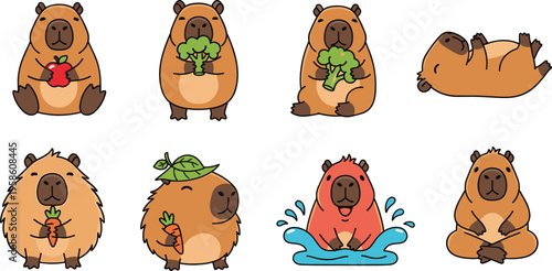 Cute capybara characters eating vegetables and relaxing in playful poses, adorable cartoon animals in flat vector illustration set
