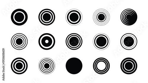 Black and white vector icons of various circle targets and concentric rings on clean background