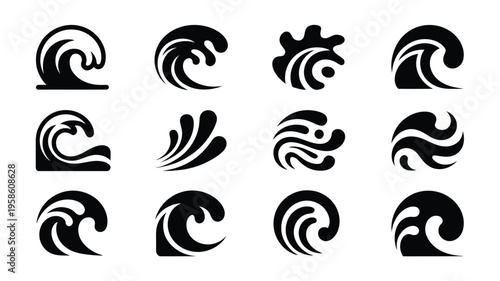 Collection of 12 unique wave logo designs in black on white background for branding and identity use