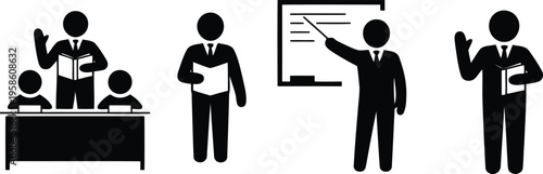 Four black silhouette figures in business attire illustrate formal teaching and presentation scenarios