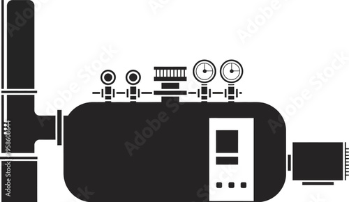 Industrial Steam Boiler System Icon, solid vector illustration depicting pressure-controlled boiler, steam release valve, chimney stack, gauge monitoring, control panel interface, and industrial