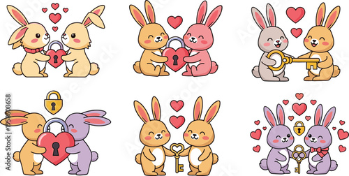 Cute bunny couples with hearts, keys, and locks expressing love and romance in adorable cartoon flat vector illustration set