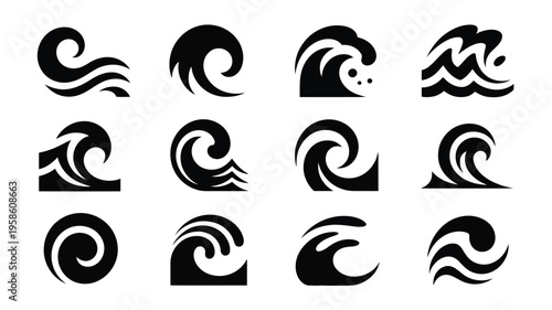 Minimalist wave icons in black on white background for design and branding