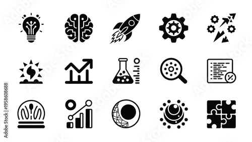 Vector illustration showcasing business and innovation icons including light bulb brain rocket gears and more on white background