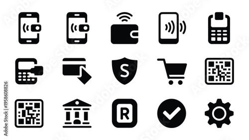 Set of modern e commerce and payment icons for business and finance on white background