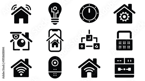 Smart home automation icons set black on white background featuring various symbols for technology and internet connected devices