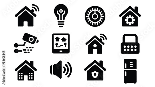 Smart home automation icons set including security lighting and control symbols on white background