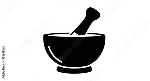 Black mortar and pestle icon on white background for mixing and blending