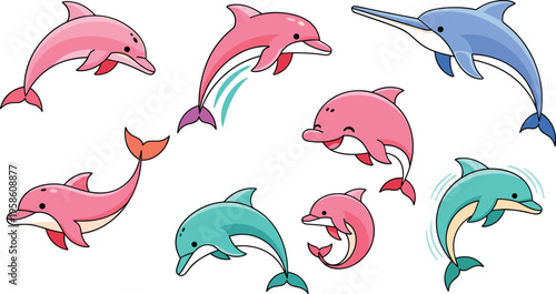 Cute dolphin collection in playful poses with colorful marine animals, adorable cartoon sea life in flat vector illustration set
