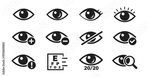 Eye icon set, vision and eyesight symbols, optical medical and healthcare minimal outline vector collection for interface and web design isolated on transparent background