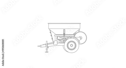 Detailed line drawing of a fertilizer or seed spreader on wheels for gardening or farming purposes