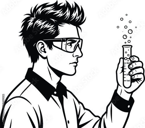Young male scientist in lab coat wearing safety goggles holding a bubbling test tube for chemistry experiment research and scientific discovery illustration