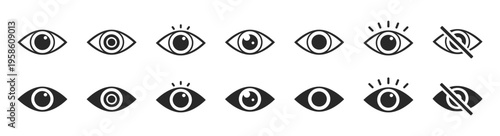 Eye icon set, vision and visibility symbols, minimal outline and solid vector collection for interface design, surveillance and search concept on transparent background