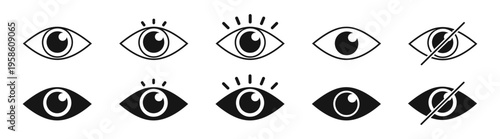 Eye icon set, vision and sight symbols, minimal outline simple flat vector collection for interface and web design isolated on transparent background