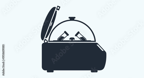 Black silhouette of a cloche server with two glasses inside on a white background symbolizing fine dining and hospitality