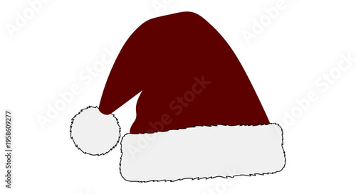A hand drawn red santa claus hat with white trim and pom pom on a plain white background for christmas designs