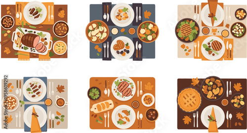Thanksgiving Dinner Table Top View Collection with Traditional Dishes Turkey Pie Sides and Autumn Decorations for Holiday Food Illustration Set