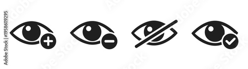 Eye visibility control icon set, show and hide privacy symbols, minimal outline vector collection for interface and security design isolated on transparent background