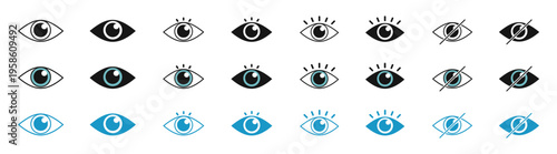 Eye icon set, vision symbols, minimal outline and color vector collection for interface design on transparent background