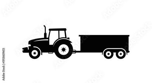 Tractor pulling a trailer on a plain background silhouette style black and white simple illustration